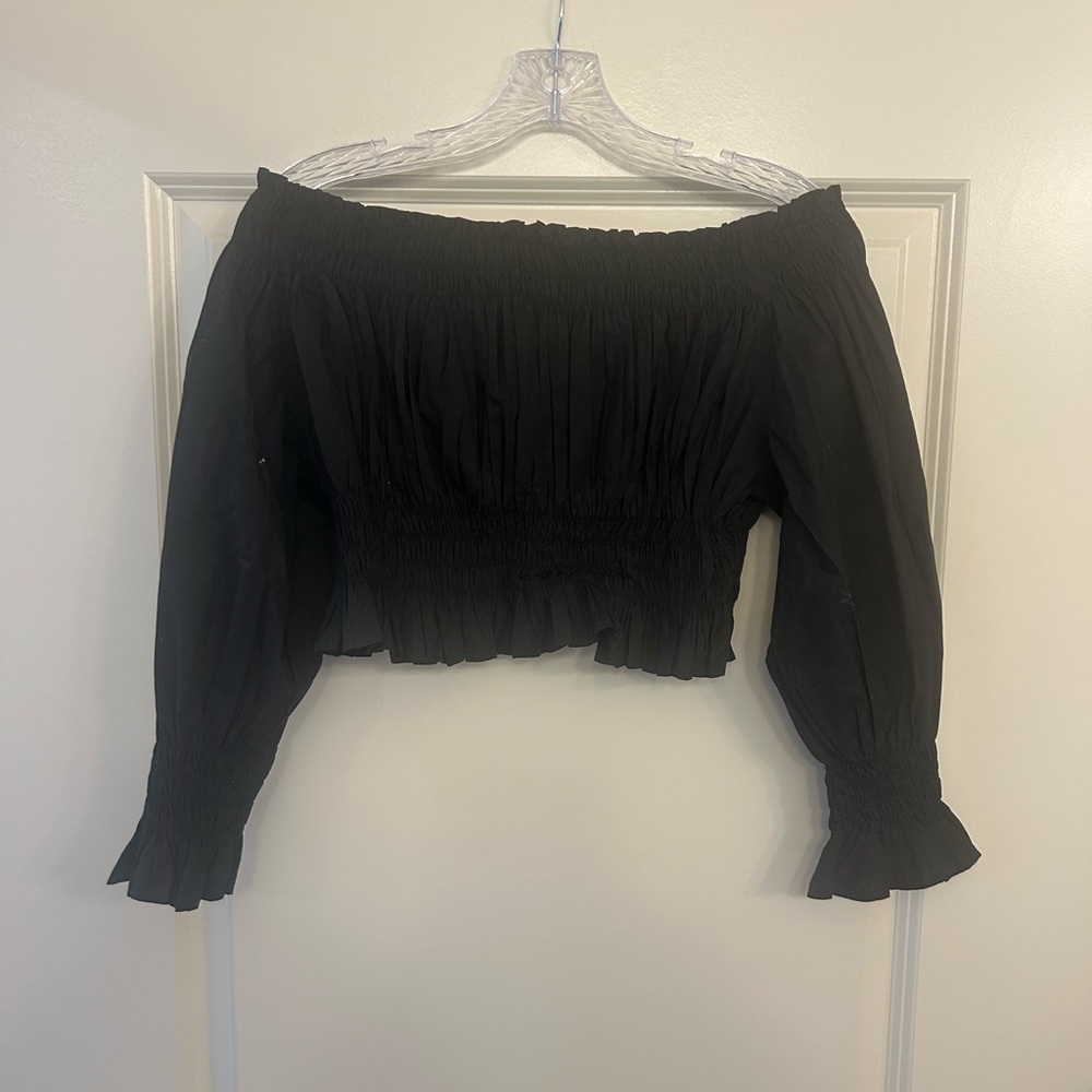 Elan Black Off-the-Shoulder Smocked Crop Top